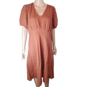 Linen ID Empire Waist Midi Dress Rust Terracotta Puff Sleeve Lithuania L/XL